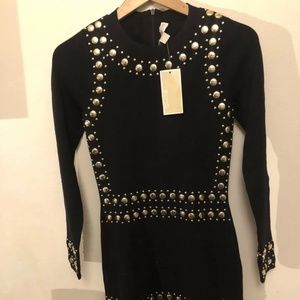 MICHAEL KORS Studded Stripe Dress-black Long Sleeved Dress Size Xs
